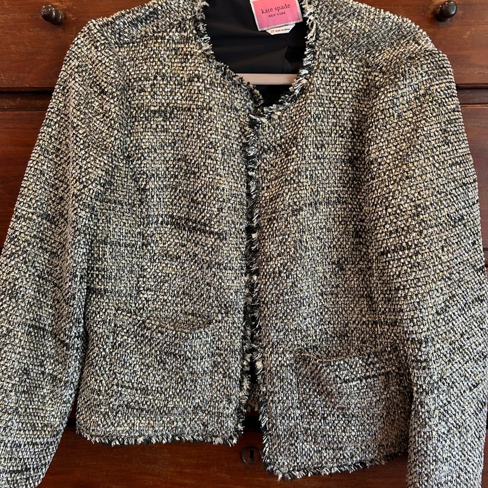 kate spade Black and White Tweed Fringe-Trim Jacket
